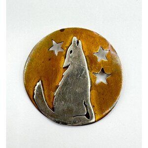VTG Sterling Silver Howling Wolf Copper Background Moon With Stars Brooch